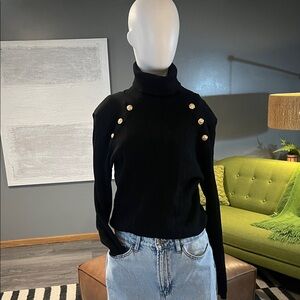 Elegant Black Turtleneck Sweater with Gold Button Details